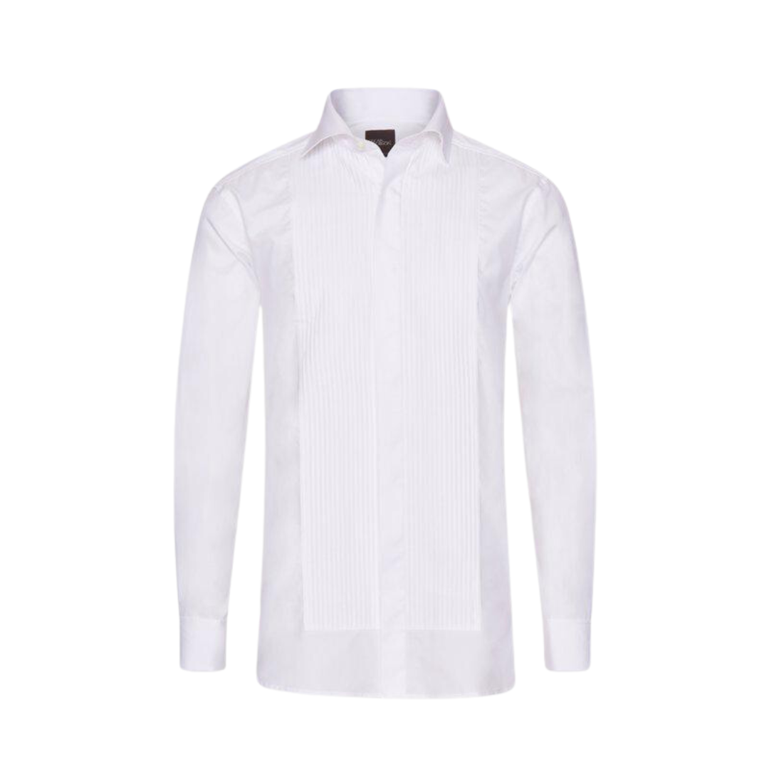 Oscar Jacobson | Regular Fit Cut Away Tuxedo Pleated Poplin Shirt | White