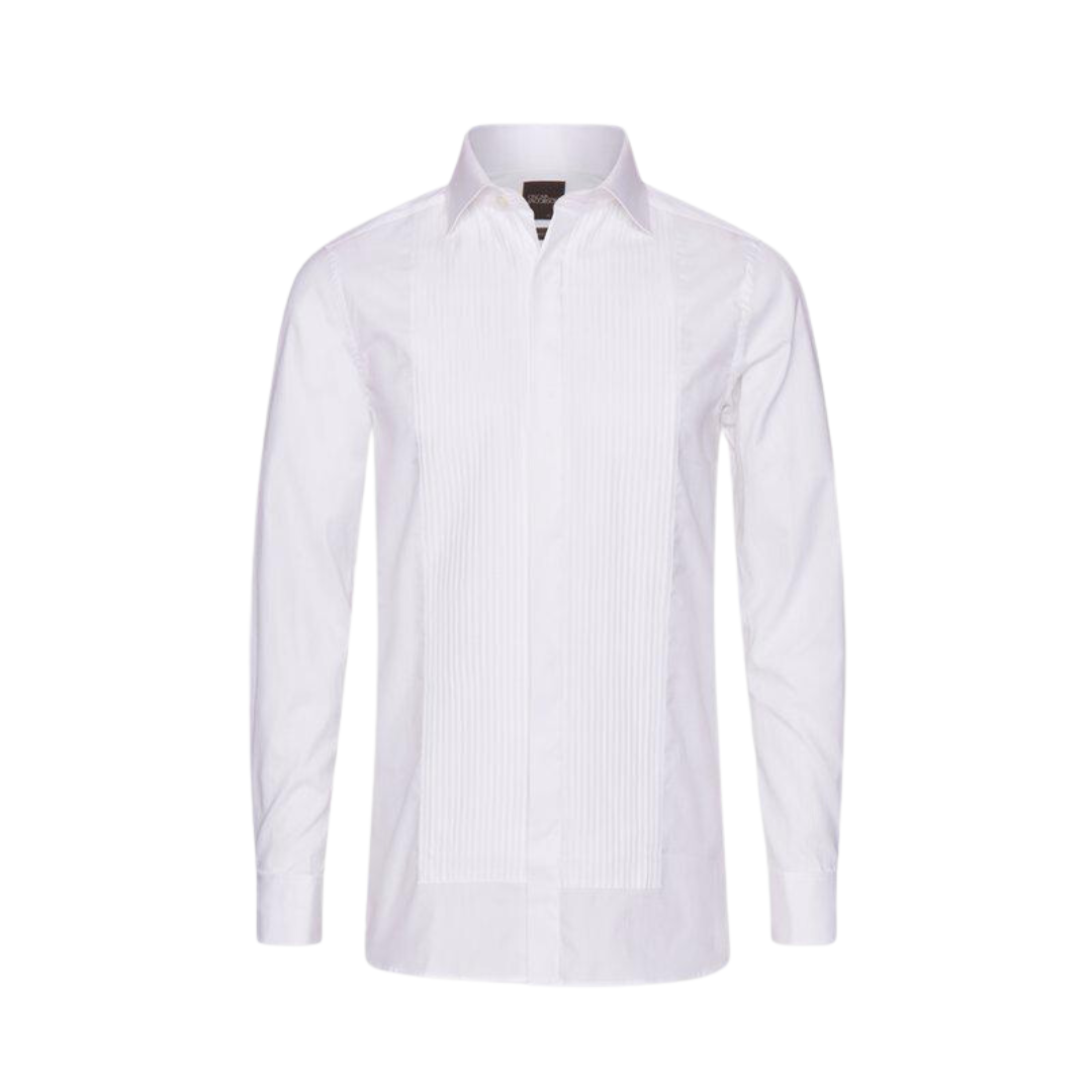 Oscar Jacobson | Slim Fit Cut Away Tuxedo Pleated Poplin Shirt | White